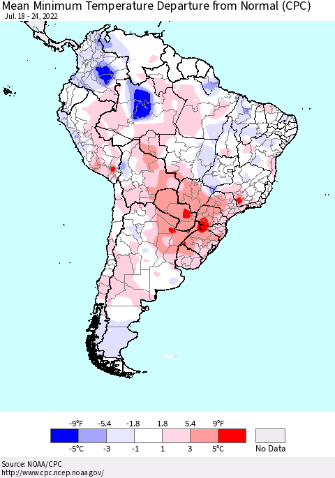 South America Mean Minimum Temperature Departure from Normal (CPC) Thematic Map For 7/18/2022 - 7/24/2022