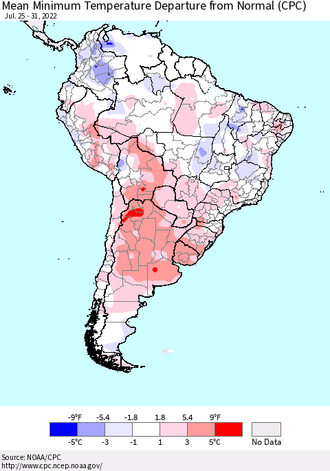 South America Mean Minimum Temperature Departure from Normal (CPC) Thematic Map For 7/25/2022 - 7/31/2022