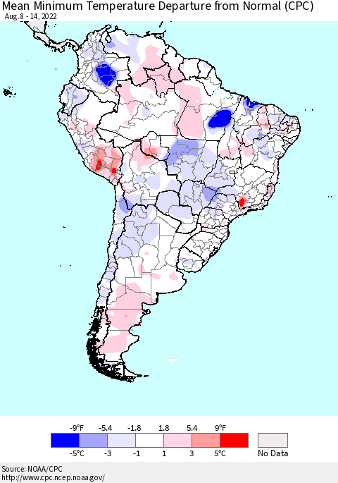 South America Mean Minimum Temperature Departure from Normal (CPC) Thematic Map For 8/8/2022 - 8/14/2022