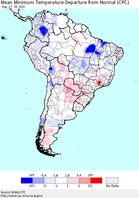 South America Mean Minimum Temperature Departure from Normal (CPC) Thematic Map For 8/22/2022 - 8/28/2022
