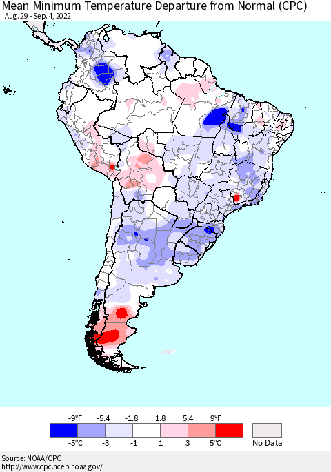 South America Mean Minimum Temperature Departure from Normal (CPC) Thematic Map For 8/29/2022 - 9/4/2022