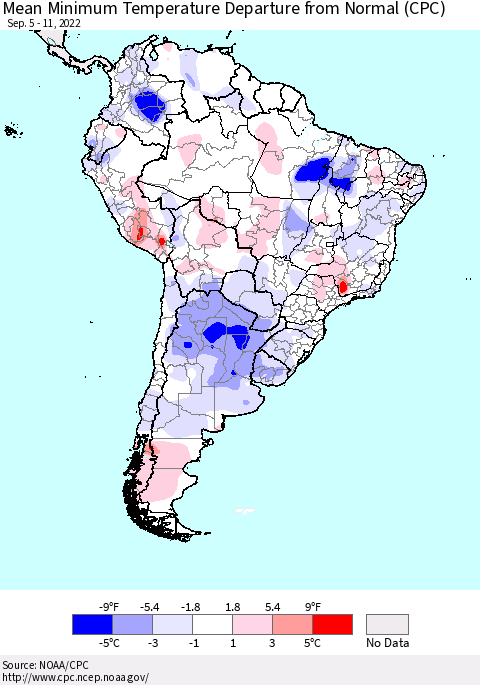 South America Mean Minimum Temperature Departure from Normal (CPC) Thematic Map For 9/5/2022 - 9/11/2022
