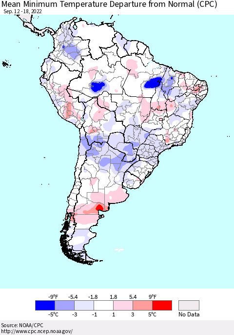 South America Mean Minimum Temperature Departure from Normal (CPC) Thematic Map For 9/12/2022 - 9/18/2022