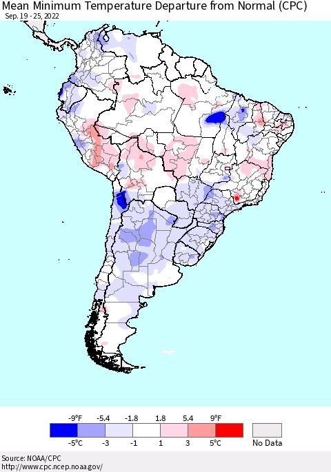 South America Mean Minimum Temperature Departure from Normal (CPC) Thematic Map For 9/19/2022 - 9/25/2022