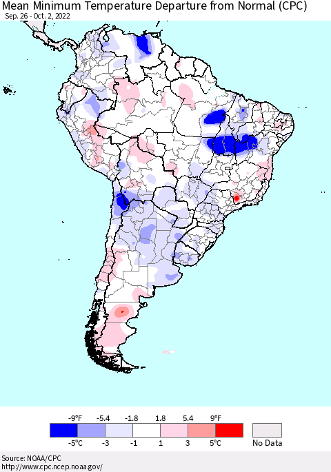 South America Mean Minimum Temperature Departure from Normal (CPC) Thematic Map For 9/26/2022 - 10/2/2022
