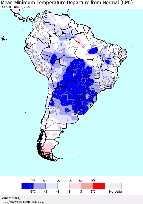 South America Mean Minimum Temperature Departure from Normal (CPC) Thematic Map For 10/31/2022 - 11/6/2022
