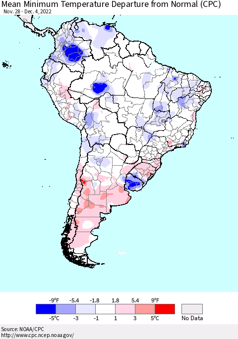 South America Mean Minimum Temperature Departure from Normal (CPC) Thematic Map For 11/28/2022 - 12/4/2022