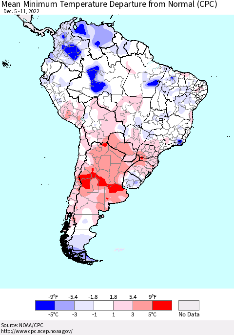 South America Mean Minimum Temperature Departure from Normal (CPC) Thematic Map For 12/5/2022 - 12/11/2022