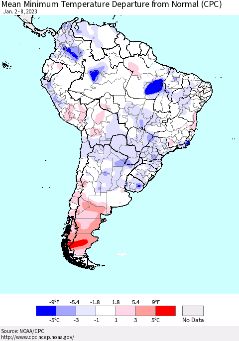 South America Mean Minimum Temperature Departure from Normal (CPC) Thematic Map For 1/2/2023 - 1/8/2023