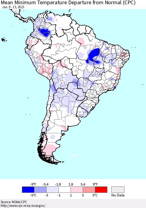 South America Mean Minimum Temperature Departure from Normal (CPC) Thematic Map For 1/9/2023 - 1/15/2023