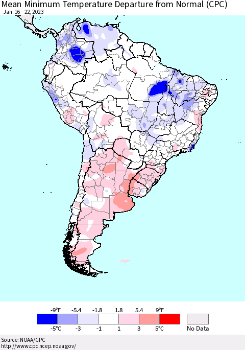 South America Mean Minimum Temperature Departure from Normal (CPC) Thematic Map For 1/16/2023 - 1/22/2023