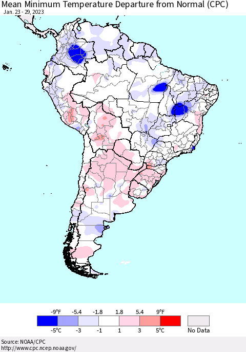 South America Mean Minimum Temperature Departure from Normal (CPC) Thematic Map For 1/23/2023 - 1/29/2023