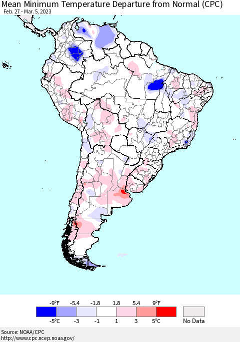 South America Mean Minimum Temperature Departure from Normal (CPC) Thematic Map For 2/27/2023 - 3/5/2023