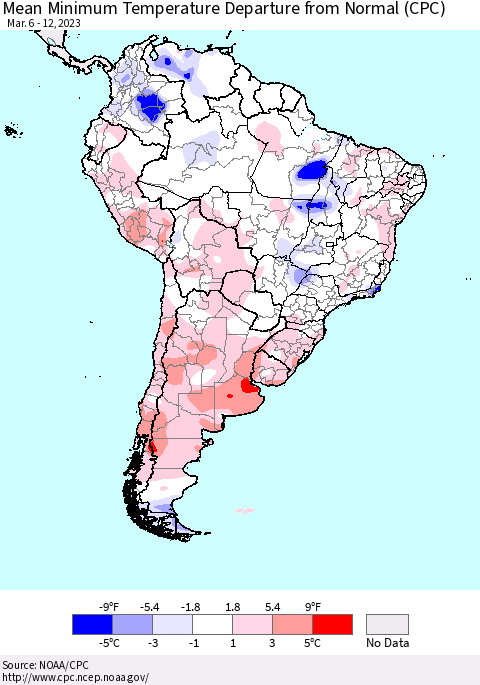 South America Mean Minimum Temperature Departure from Normal (CPC) Thematic Map For 3/6/2023 - 3/12/2023