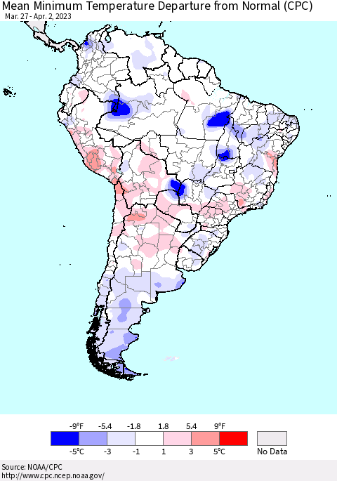 South America Mean Minimum Temperature Departure from Normal (CPC) Thematic Map For 3/27/2023 - 4/2/2023
