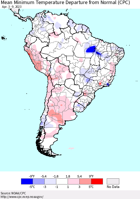 South America Mean Minimum Temperature Departure from Normal (CPC) Thematic Map For 4/3/2023 - 4/9/2023