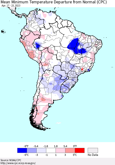 South America Mean Minimum Temperature Departure from Normal (CPC) Thematic Map For 4/17/2023 - 4/23/2023