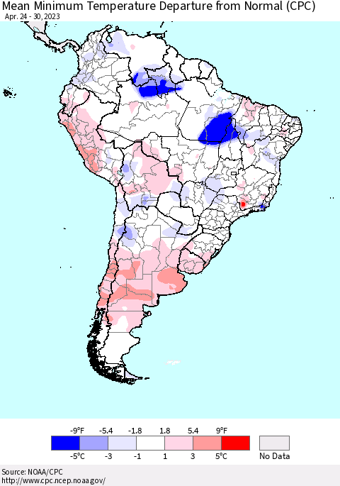 South America Mean Minimum Temperature Departure from Normal (CPC) Thematic Map For 4/24/2023 - 4/30/2023