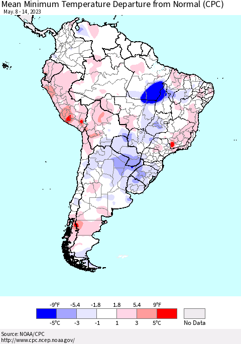 South America Mean Minimum Temperature Departure from Normal (CPC) Thematic Map For 5/8/2023 - 5/14/2023