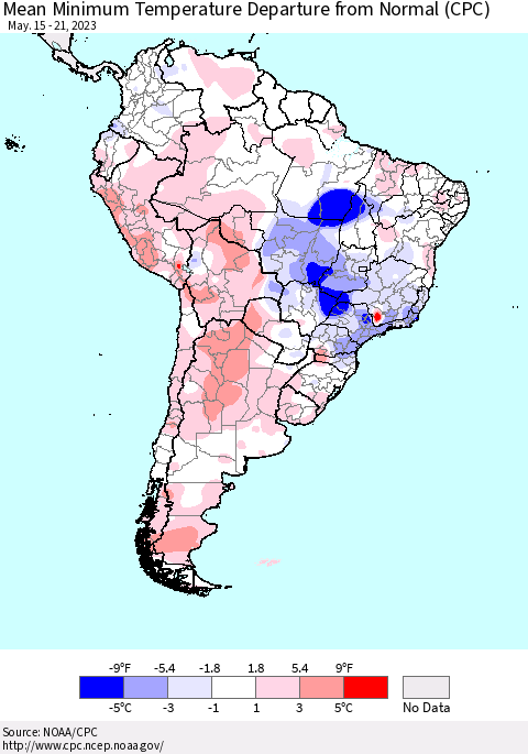 South America Mean Minimum Temperature Departure from Normal (CPC) Thematic Map For 5/15/2023 - 5/21/2023