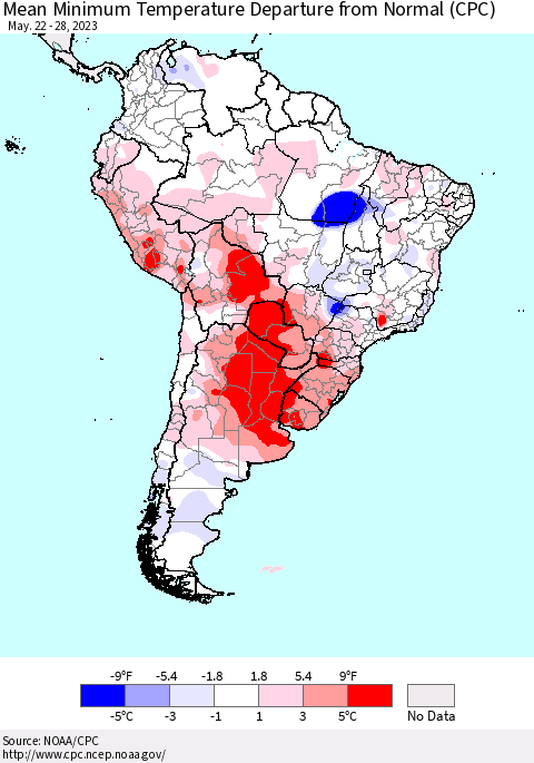South America Mean Minimum Temperature Departure from Normal (CPC) Thematic Map For 5/22/2023 - 5/28/2023