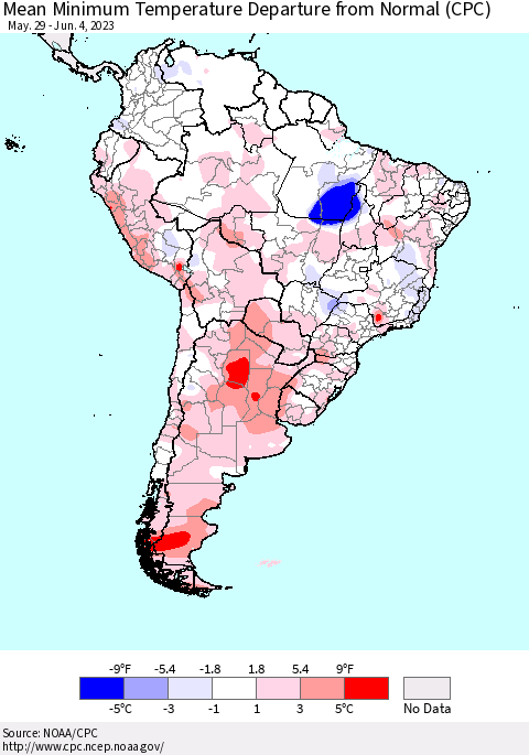South America Mean Minimum Temperature Departure from Normal (CPC) Thematic Map For 5/29/2023 - 6/4/2023