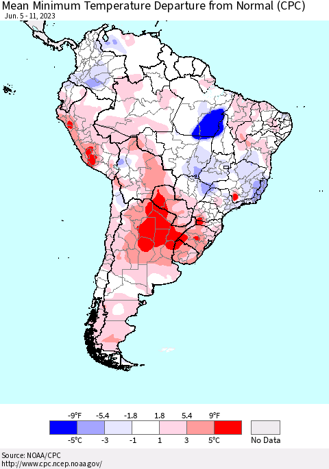South America Mean Minimum Temperature Departure from Normal (CPC) Thematic Map For 6/5/2023 - 6/11/2023