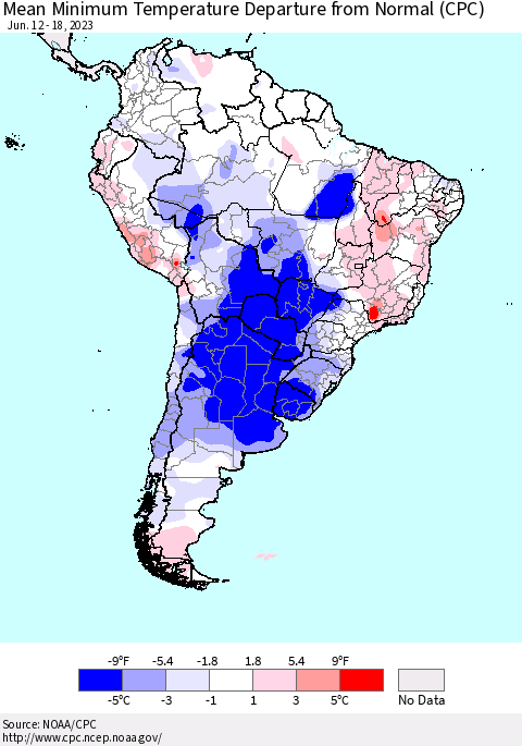 South America Mean Minimum Temperature Departure from Normal (CPC) Thematic Map For 6/12/2023 - 6/18/2023