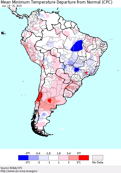 South America Mean Minimum Temperature Departure from Normal (CPC) Thematic Map For 6/19/2023 - 6/25/2023
