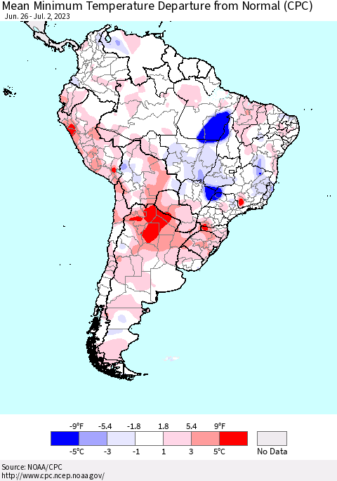 South America Mean Minimum Temperature Departure from Normal (CPC) Thematic Map For 6/26/2023 - 7/2/2023