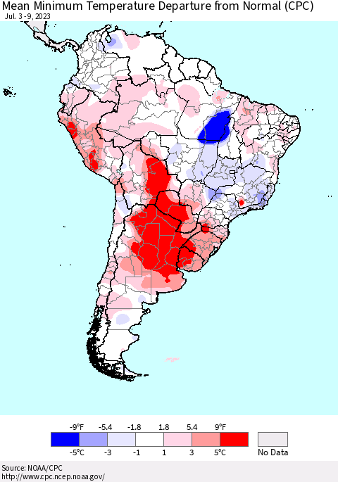 South America Mean Minimum Temperature Departure from Normal (CPC) Thematic Map For 7/3/2023 - 7/9/2023