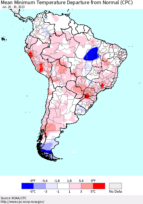South America Mean Minimum Temperature Departure from Normal (CPC) Thematic Map For 7/24/2023 - 7/30/2023