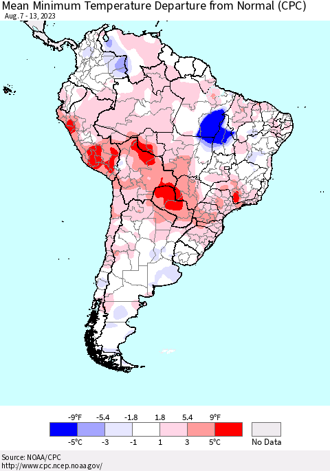 South America Mean Minimum Temperature Departure from Normal (CPC) Thematic Map For 8/7/2023 - 8/13/2023
