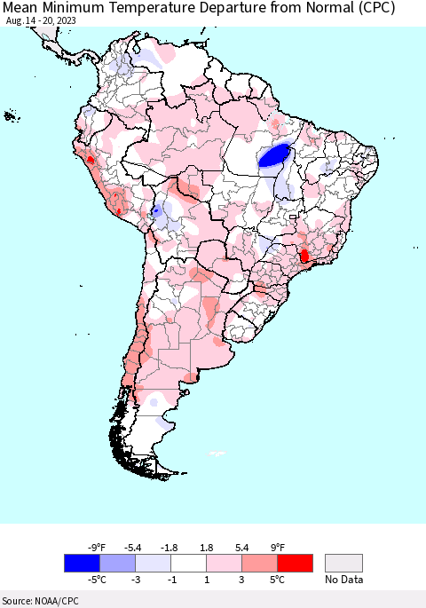 South America Mean Minimum Temperature Departure from Normal (CPC) Thematic Map For 8/14/2023 - 8/20/2023