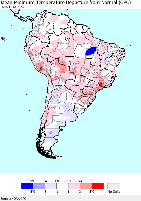 South America Mean Minimum Temperature Departure from Normal (CPC) Thematic Map For 9/4/2023 - 9/10/2023