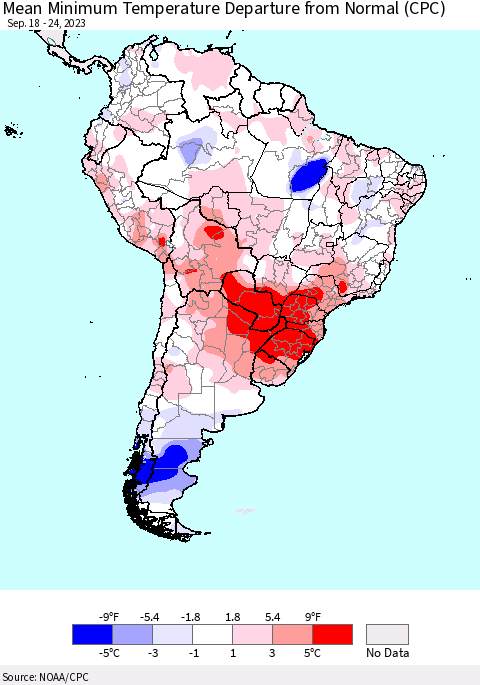 South America Mean Minimum Temperature Departure from Normal (CPC) Thematic Map For 9/18/2023 - 9/24/2023