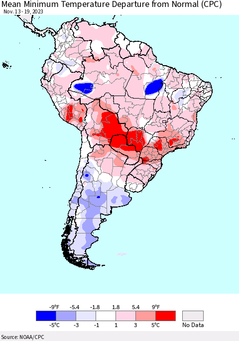 South America Mean Minimum Temperature Departure from Normal (CPC) Thematic Map For 11/13/2023 - 11/19/2023