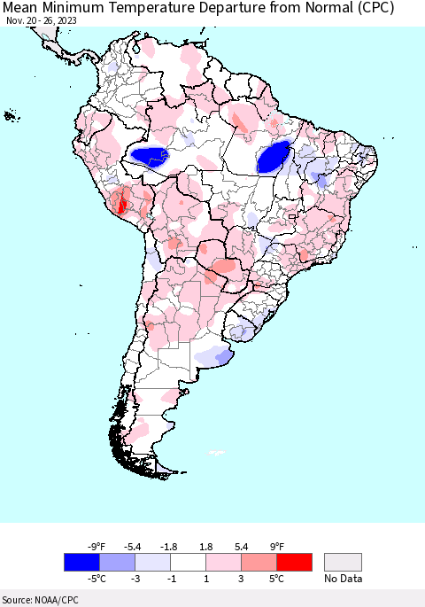 South America Mean Minimum Temperature Departure from Normal (CPC) Thematic Map For 11/20/2023 - 11/26/2023