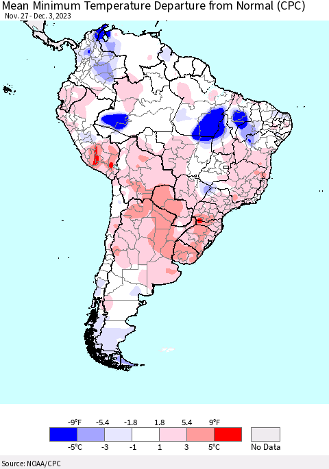 South America Mean Minimum Temperature Departure from Normal (CPC) Thematic Map For 11/27/2023 - 12/3/2023