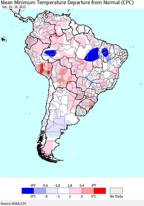 South America Mean Minimum Temperature Departure from Normal (CPC) Thematic Map For 12/18/2023 - 12/24/2023