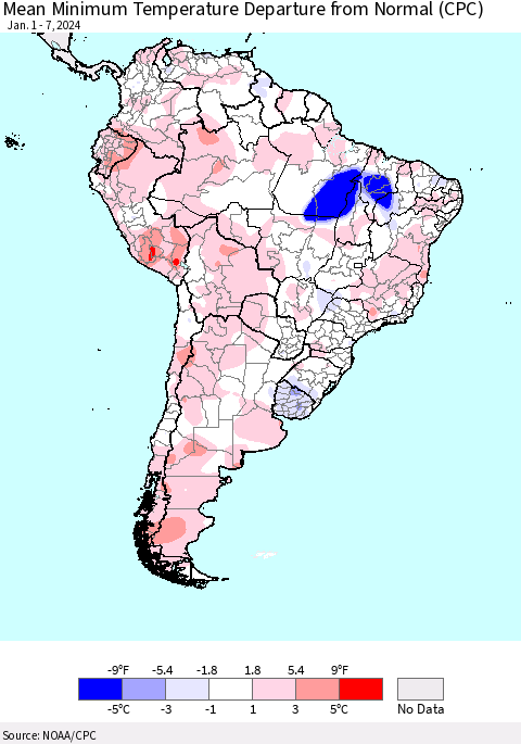 South America Mean Minimum Temperature Departure from Normal (CPC) Thematic Map For 1/1/2024 - 1/7/2024