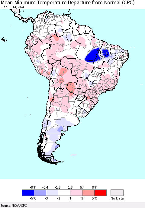 South America Mean Minimum Temperature Departure from Normal (CPC) Thematic Map For 1/8/2024 - 1/14/2024
