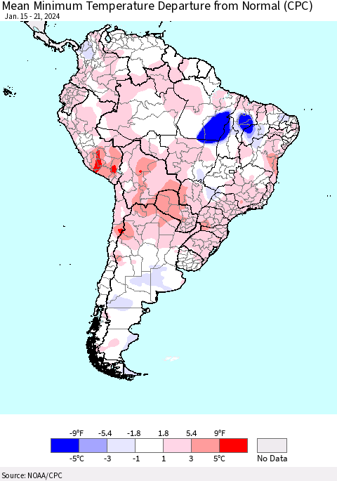 South America Mean Minimum Temperature Departure from Normal (CPC) Thematic Map For 1/15/2024 - 1/21/2024