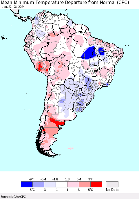 South America Mean Minimum Temperature Departure from Normal (CPC) Thematic Map For 1/22/2024 - 1/28/2024