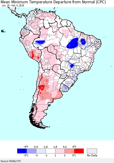 South America Mean Minimum Temperature Departure from Normal (CPC) Thematic Map For 1/29/2024 - 2/4/2024