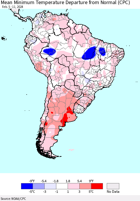 South America Mean Minimum Temperature Departure from Normal (CPC) Thematic Map For 2/5/2024 - 2/11/2024