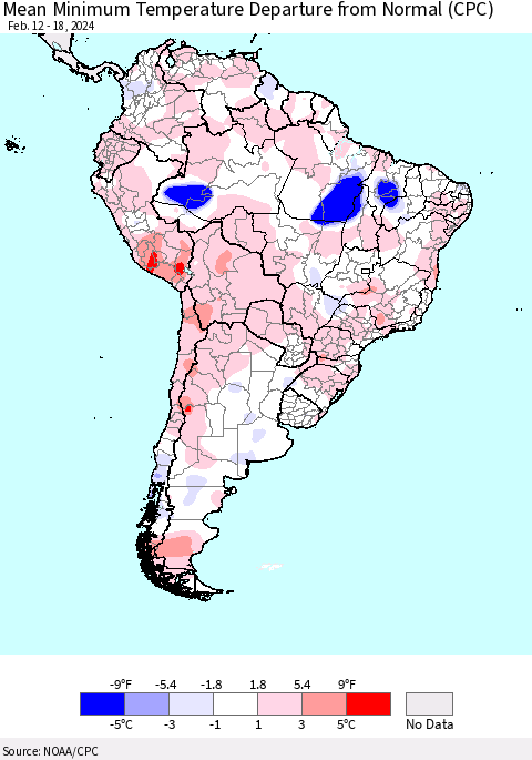 South America Mean Minimum Temperature Departure from Normal (CPC) Thematic Map For 2/12/2024 - 2/18/2024
