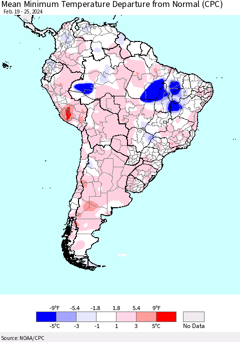 South America Mean Minimum Temperature Departure from Normal (CPC) Thematic Map For 2/19/2024 - 2/25/2024