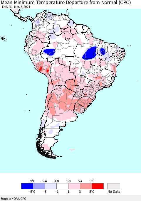 South America Mean Minimum Temperature Departure from Normal (CPC) Thematic Map For 2/26/2024 - 3/3/2024
