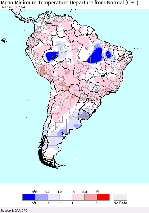 South America Mean Minimum Temperature Departure from Normal (CPC) Thematic Map For 3/4/2024 - 3/10/2024